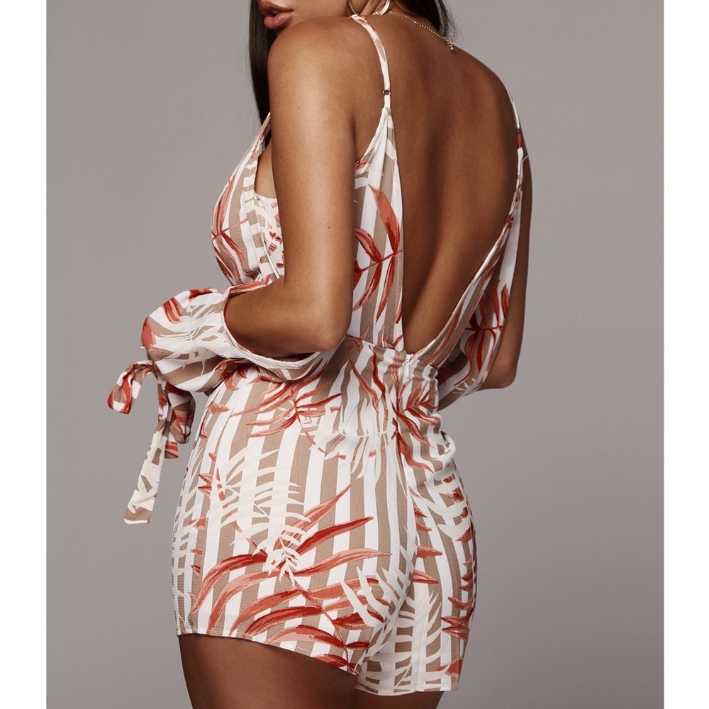 . JLUXLABEL Palm Leaf Rust & Ivory Striped Zip Up Wrap Deep V-Neck Romper - Picture 6 of 12